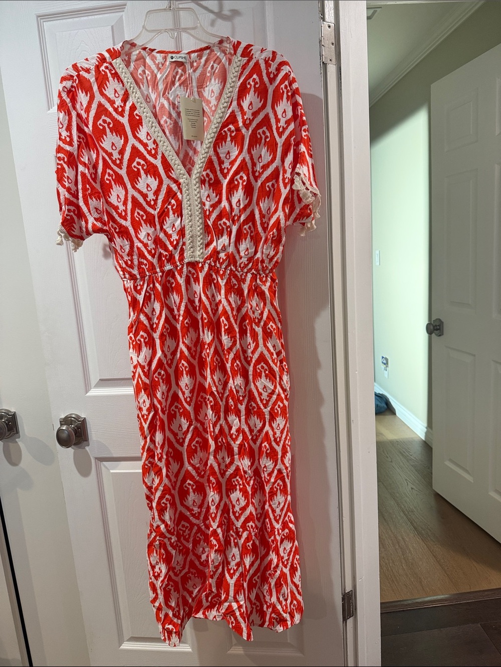 Cupshe Red and White Ikat-Print Midi Dress with V-Neck Trim